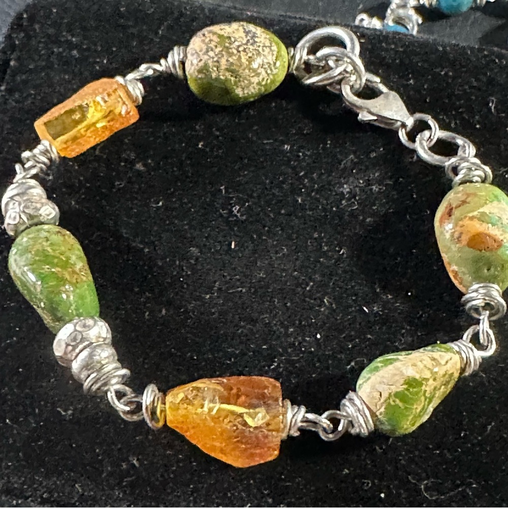 Amber Emerald Valley, turquoise Sterling, silver hand wrapped bracelet